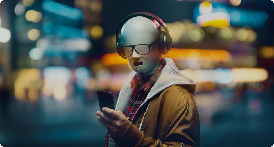 A humanoid robot wearing headphones, sunglasses, and casual clothing, holding a smartphone in an urban setting