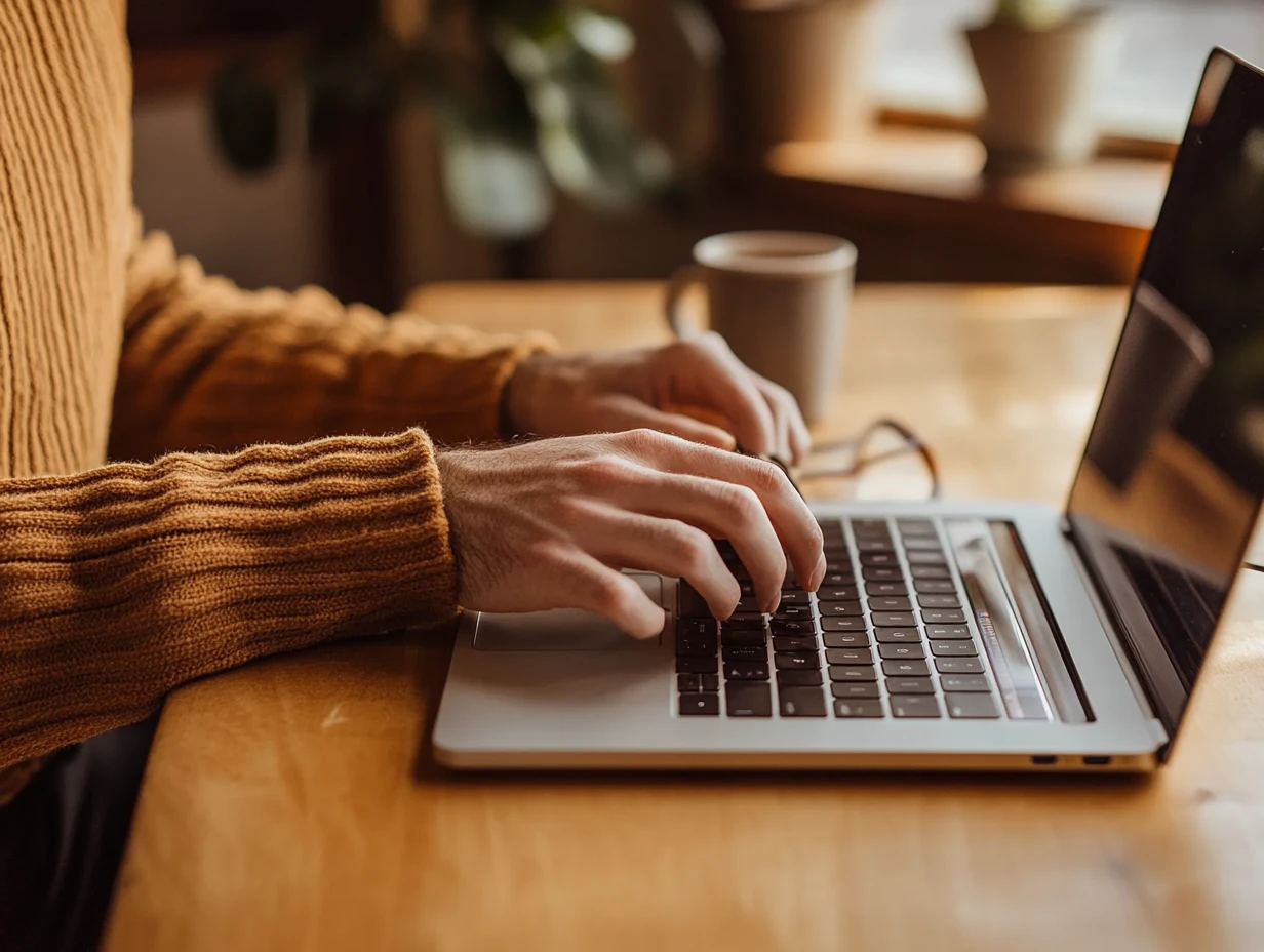 Hands typing on a laptop keyboard