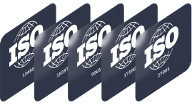 Multiple ISO certification logos displayed on dark blue cards stacked diagonally
