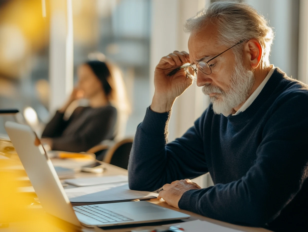 Man sitting at a desk, focusing on his screen