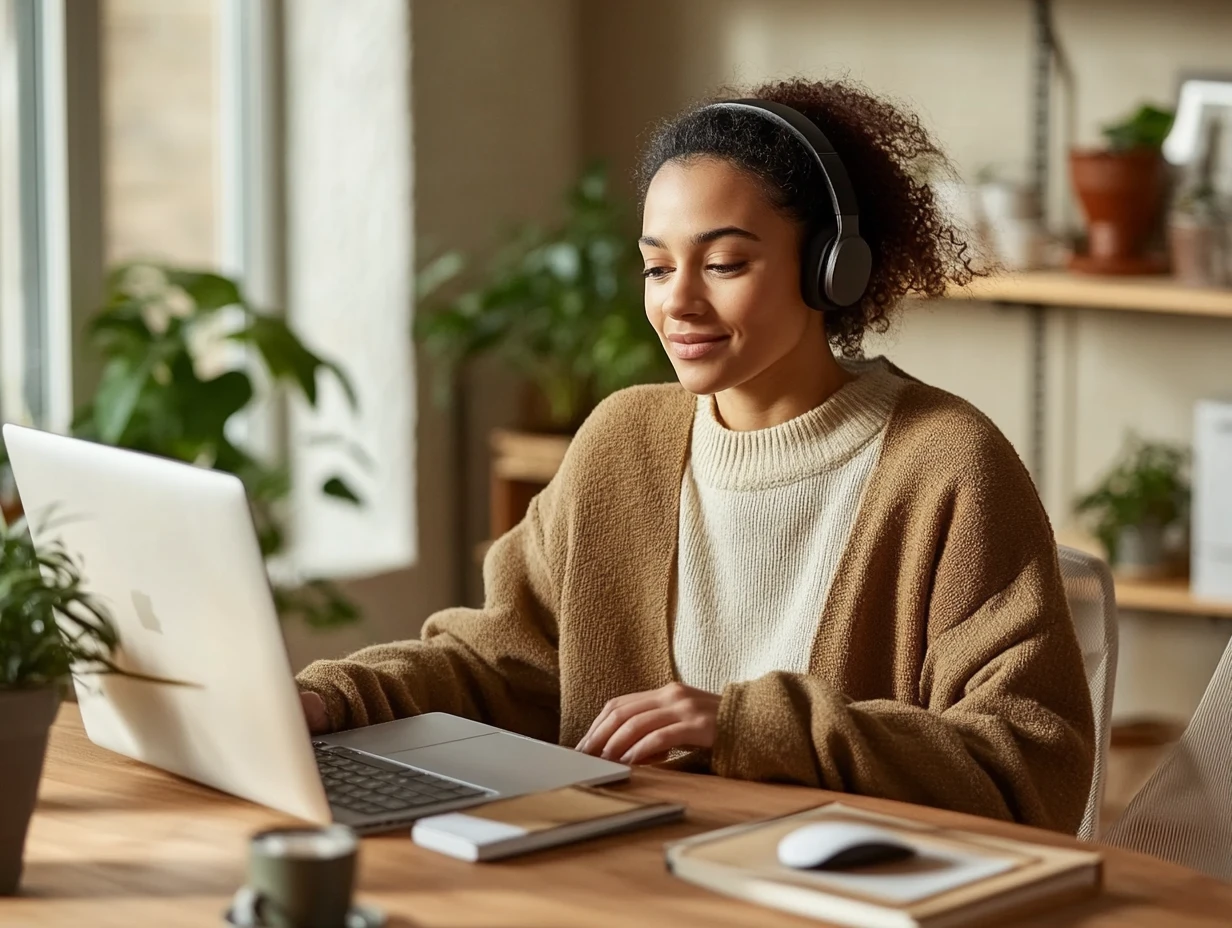 Woman wearing headphones sitting at a desk, working on her computer