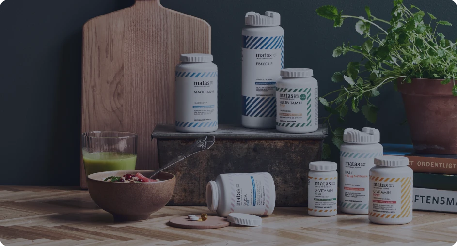 Matas dietary supplements displayed in a kitchen 