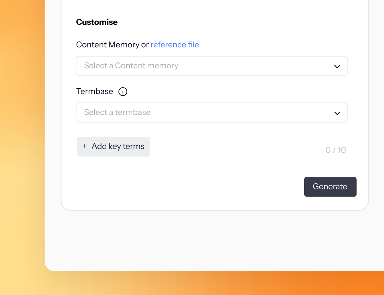 UI of LanguageWire Generate focusing on the Translation Memory and Termbase fields on an orange gradient background