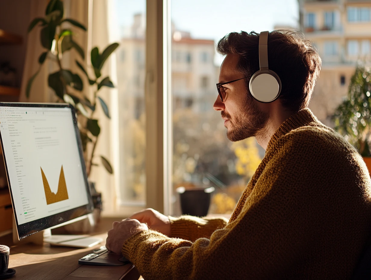 Man with headphones at desk looking at screen with data visualizations