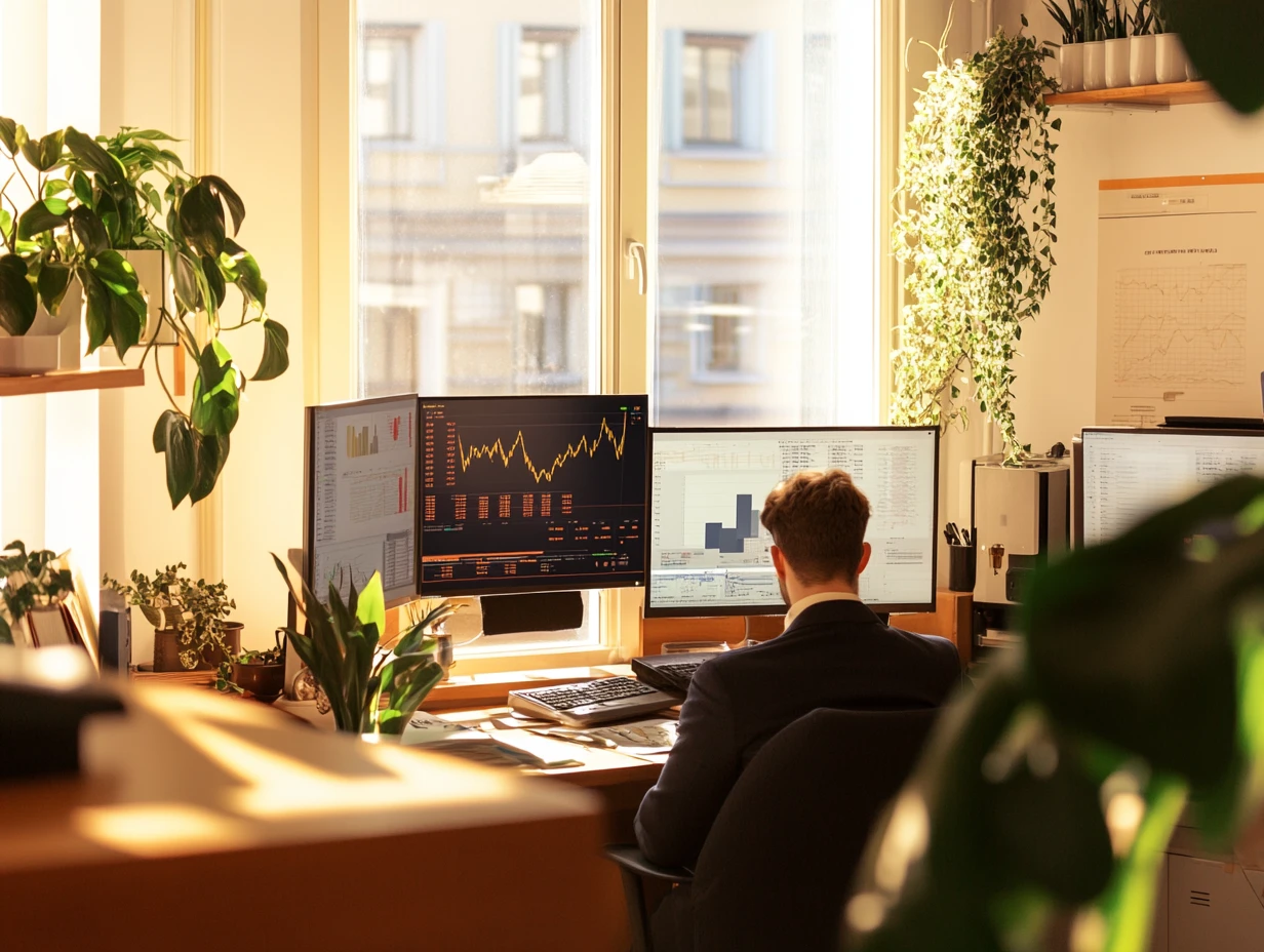 Man wearing suit, reviewing finance data in a bright room