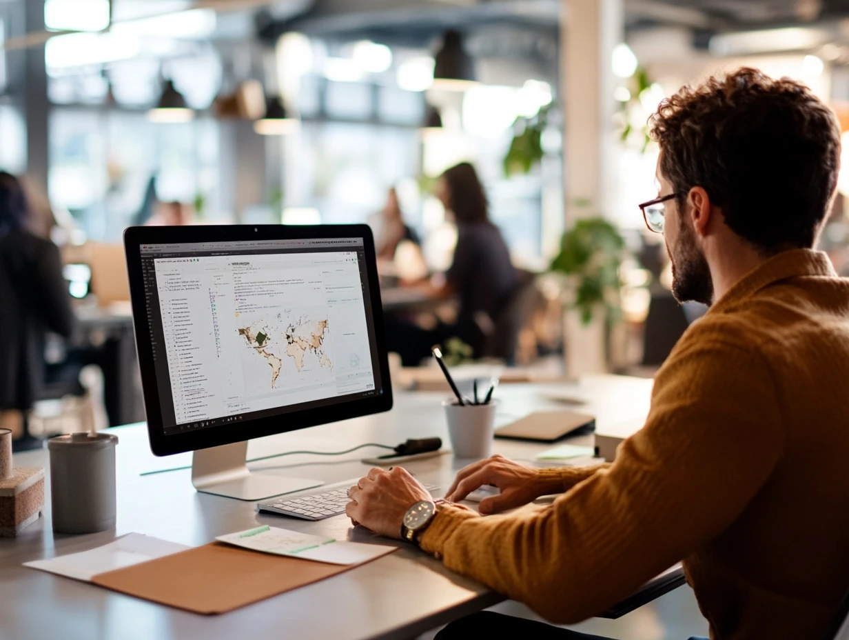 Man working at computer with world map on screen