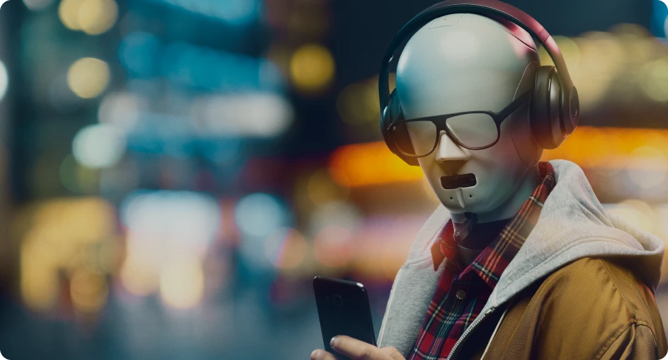 A humanoid robot wearing headphones, sunglasses, and casual clothing, holding a smartphone in an urban setting