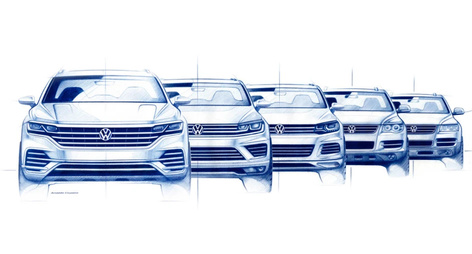 Artistic blue-tone illustration of five front-facing Volkswagen SUVs