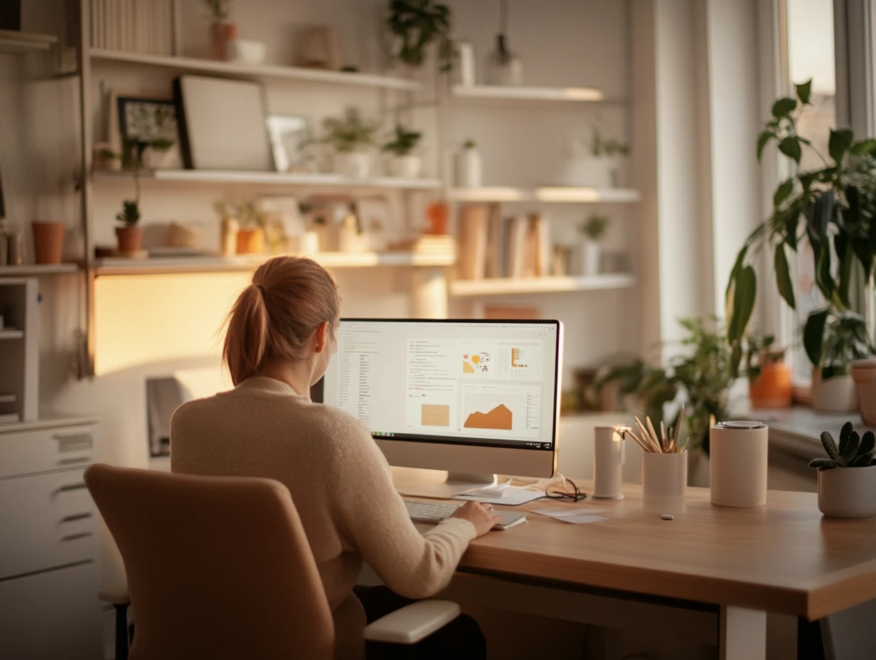 Woman working at desktop at home