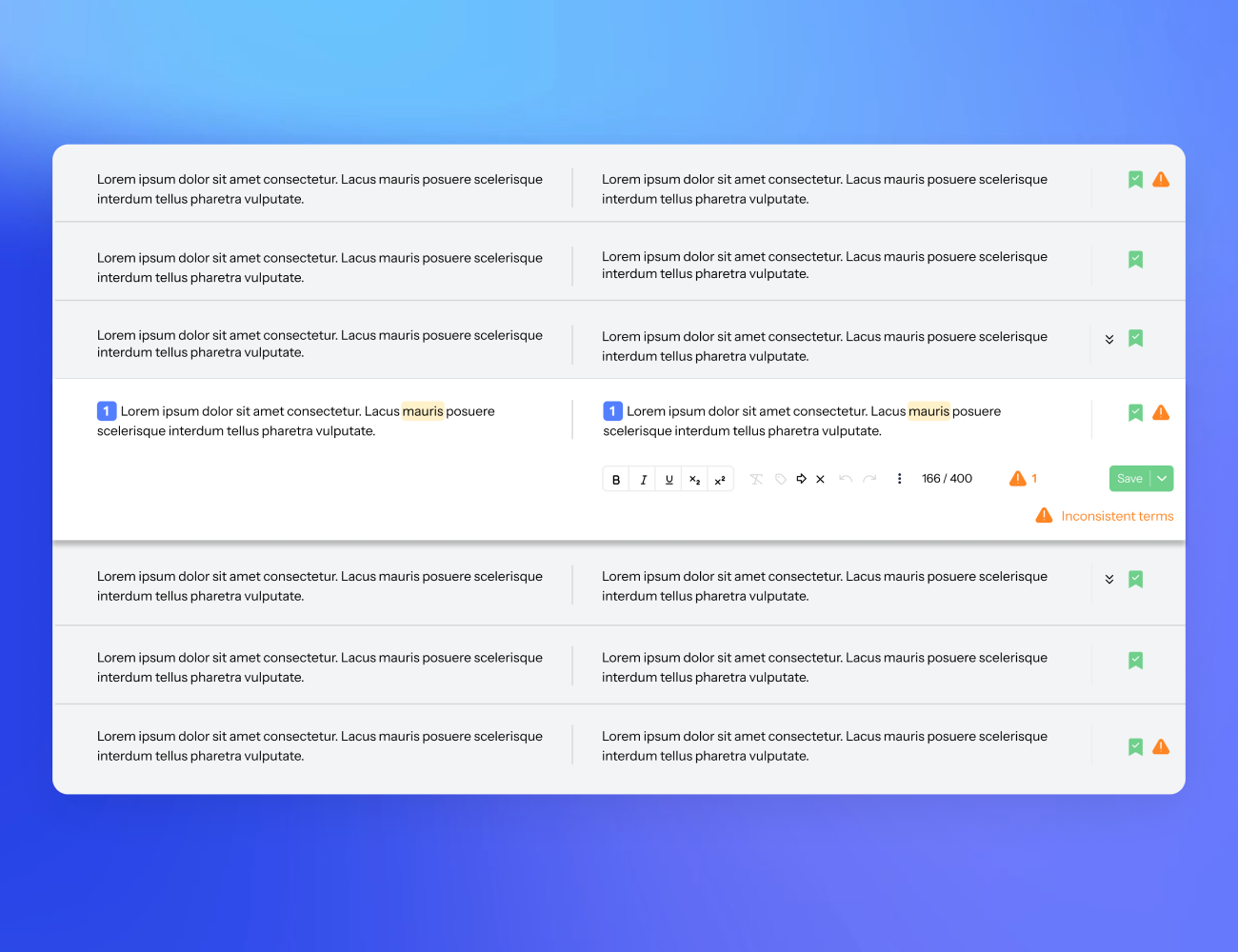 UI of LanguageWire's Smart Editor filled with source text and text for translation on a blue gradient background