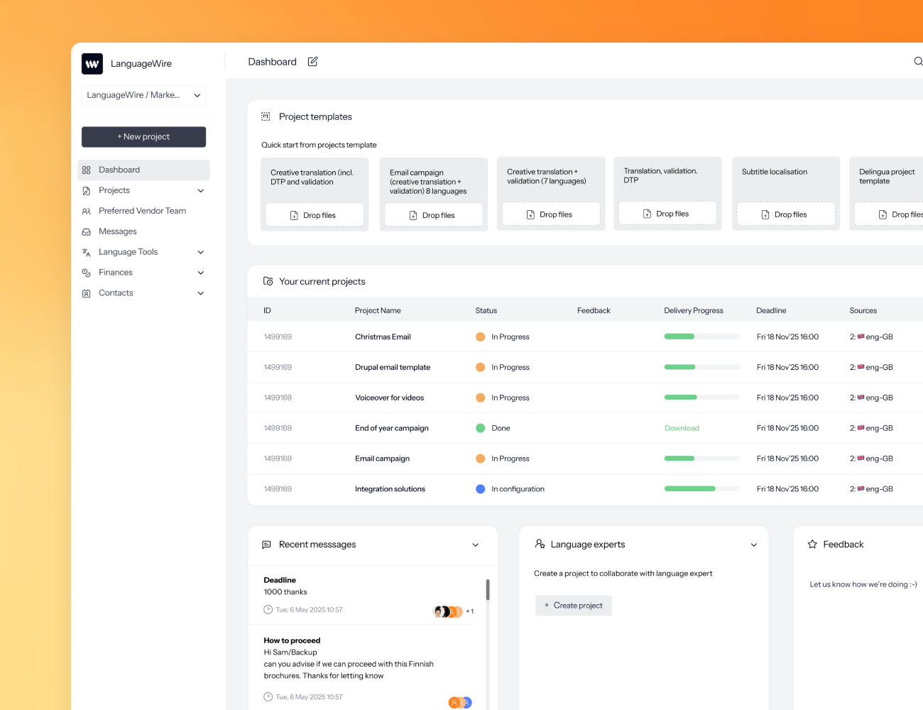 UI of LanguageWire's TMS dashboard showing messages, project overview and templates an orange gradient background
