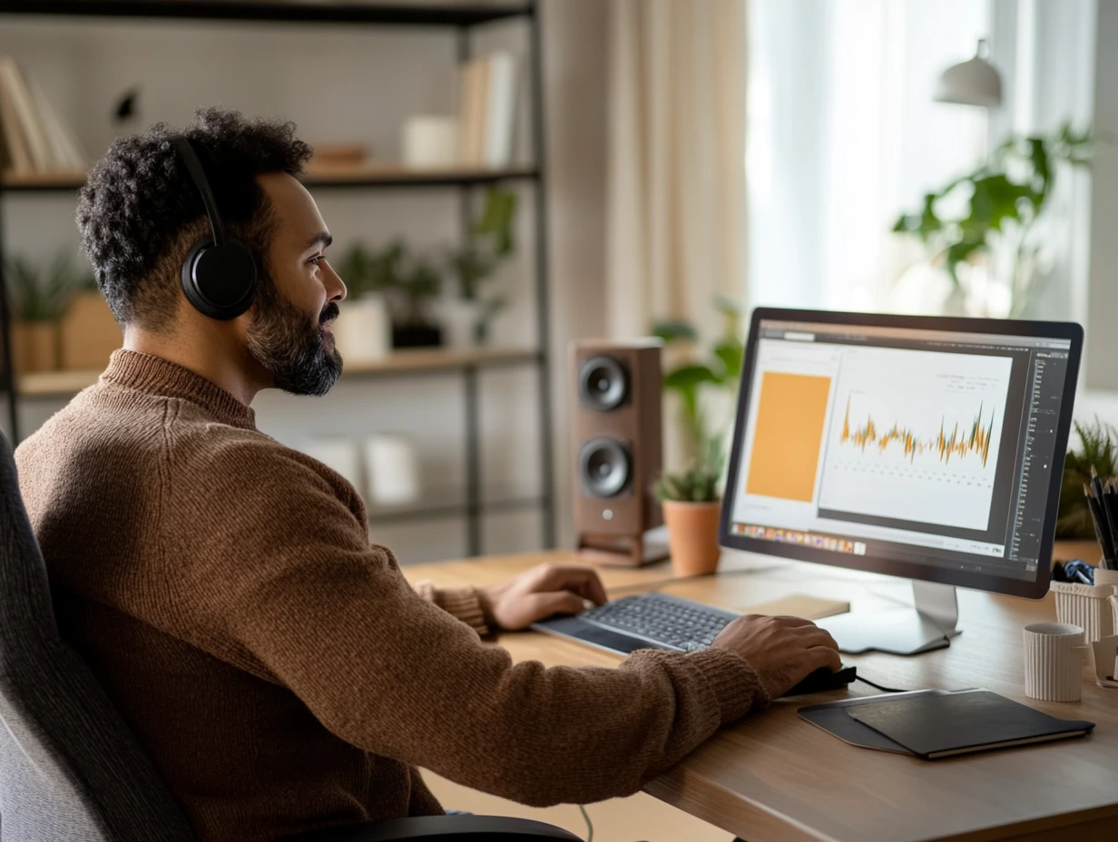 Man wearing headphones sitting at a desk, looking at data visualizations on a screen