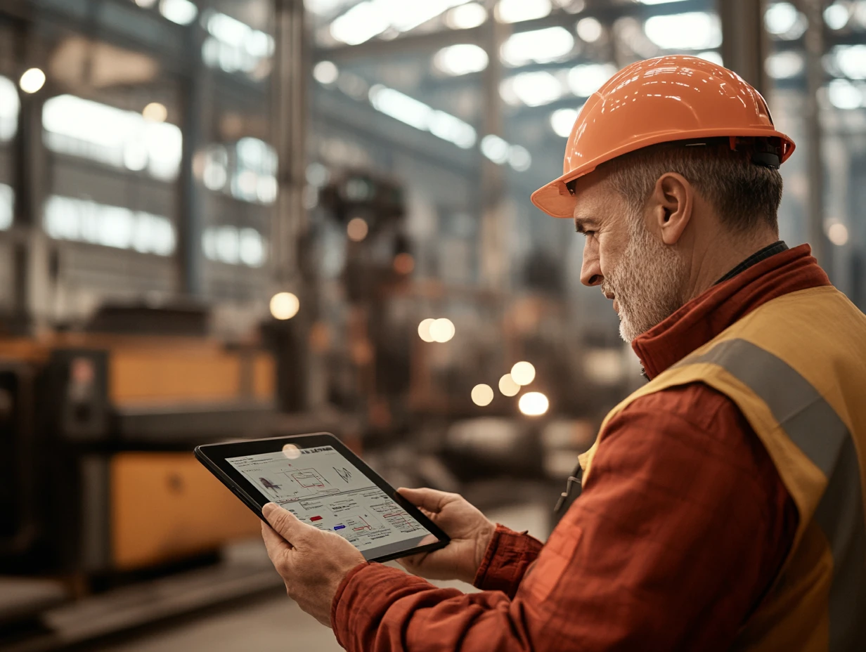 Man working in factory wearing hard hat looking at tablet