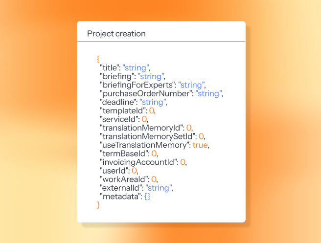UI showcasing code of a project creation on an orange gradient background 