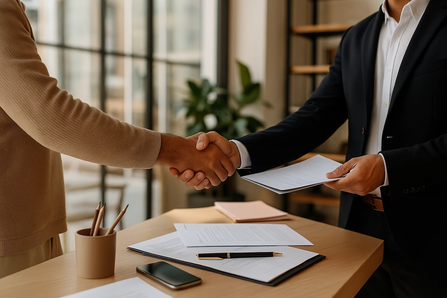 People shaking hands in office setting