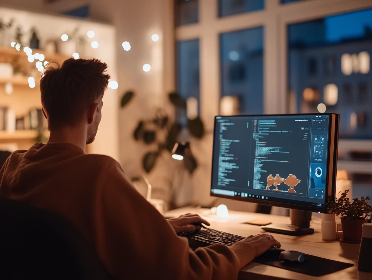 Man sitting at a desk, looking at his screen 