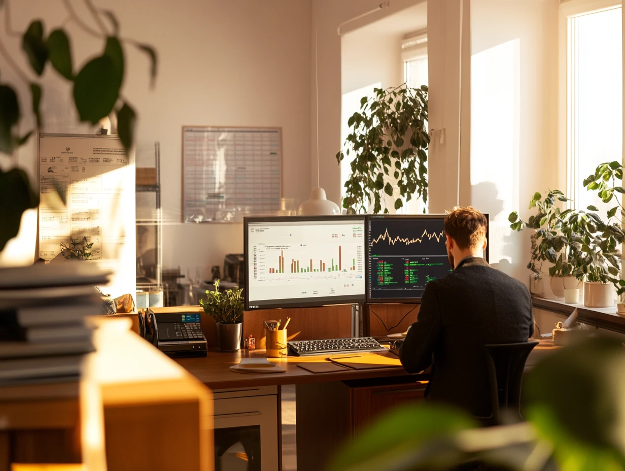 Man sitting at a desk, reviewing data on his computer