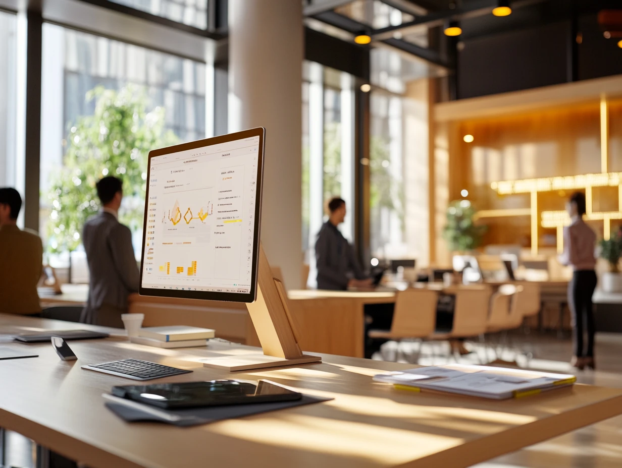 Modern office with analytics dashboard on desktop monitor