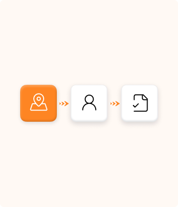Illustration of a process of icons that represent in-country review for accurate translations on an orange background