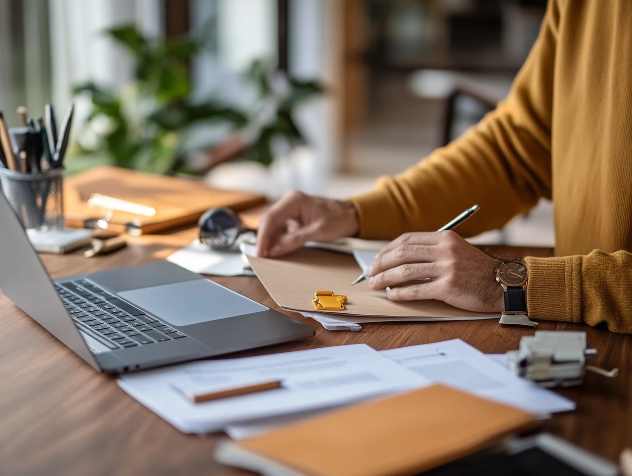 Man working at desk with a bunch of papers and folder and laptop open