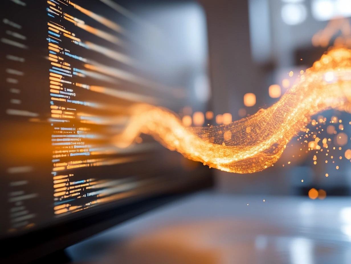 Glowing orange stream emerging from a computer screen with code on it, representing translation technology