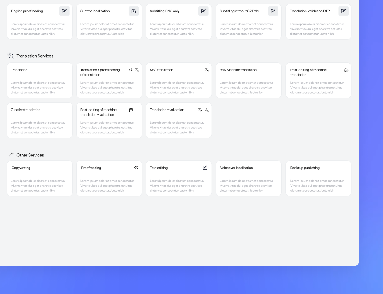 UI of LanguageWire's language services & other on a blue background