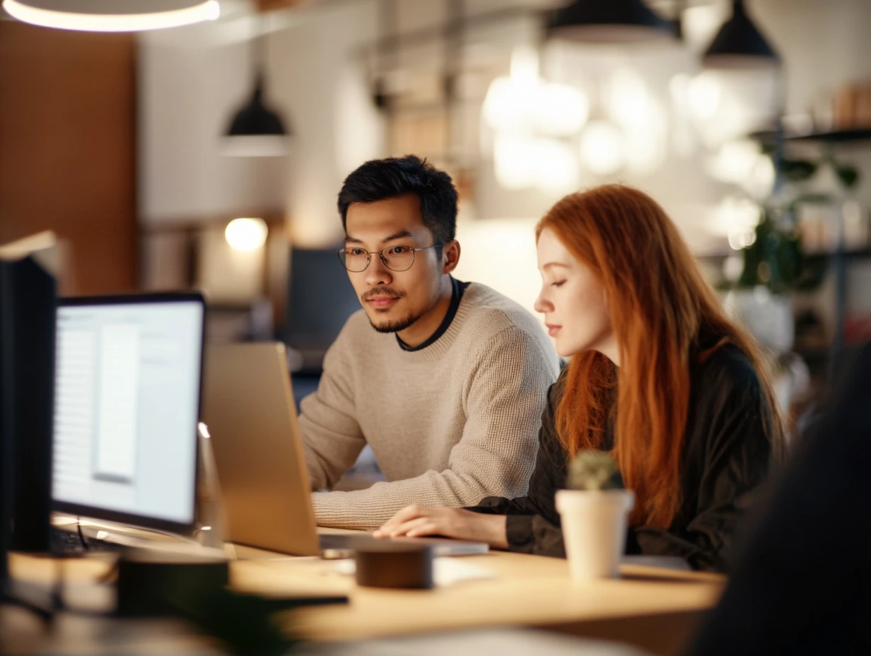 Man and woman working together at a computer