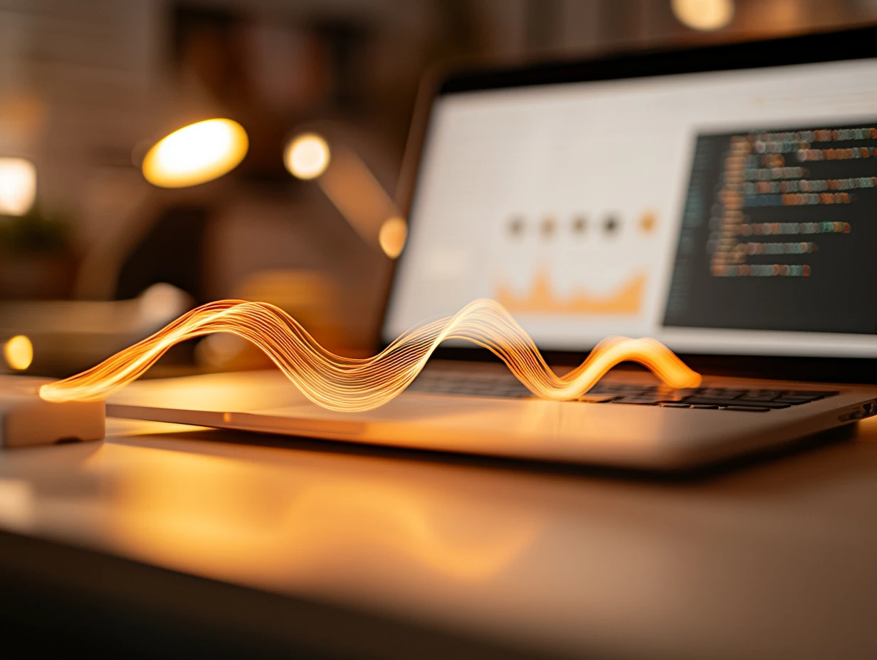 Glowing yellow stream emerging from a laptop screen, representing translation technology