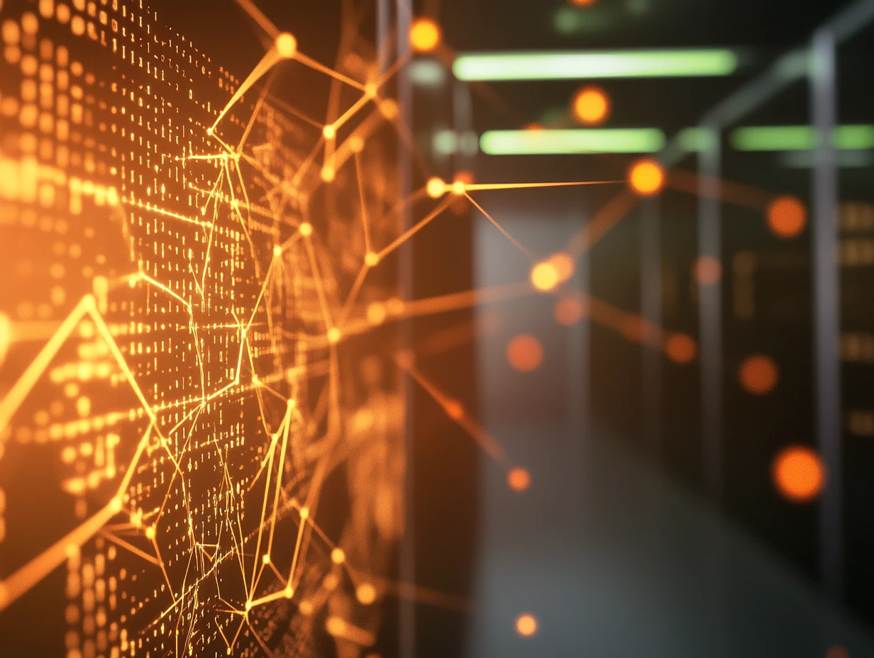 Orange glow and lines emanating from a digital network infrastructure