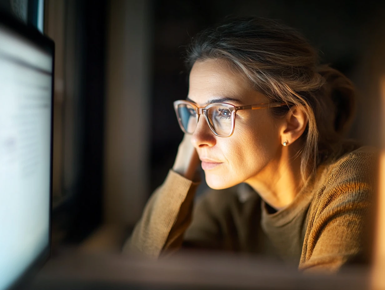 Woman wearing glasses looking at a computer screen
