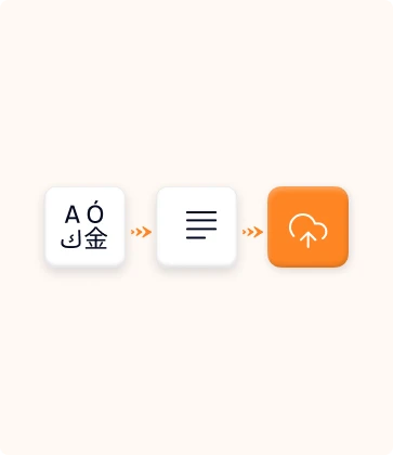Illustration of icons that represent a multi-market content support flow on an orange background
