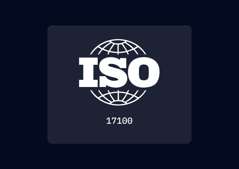 A white ISO logo with "17100" written underneath on a dark blue background