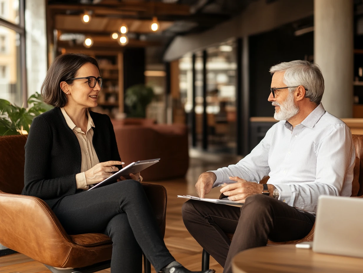 A man and a woman discussing in an office