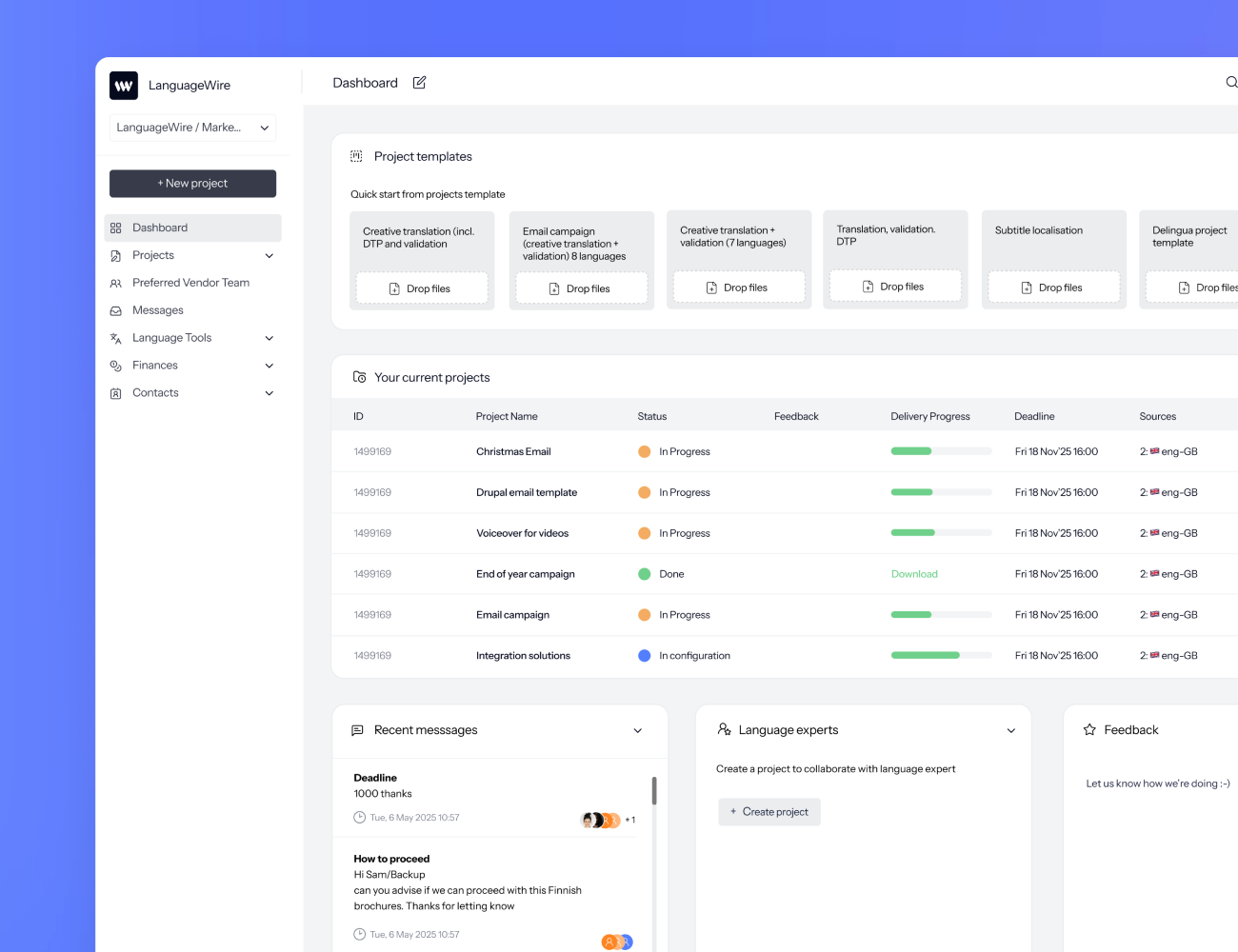 UI of LanguageWire's TMS dashboard showing messages, project overview and templates a blue gradient background