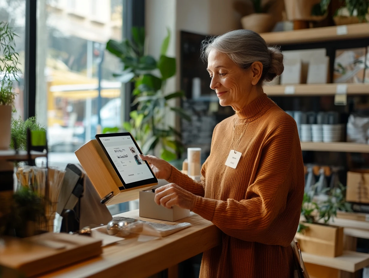 Older woman working at a shop looking at a Point of Sales system on her tablet