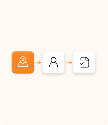 Illustration of a process of icons that represent in-country review for accurate translations on an orange background