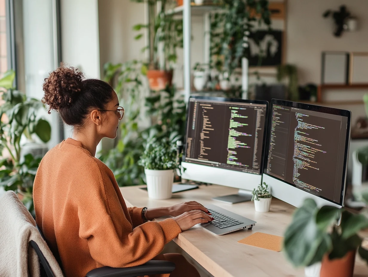Female developer sitting in her home office at her desk with two screens of code in front of her