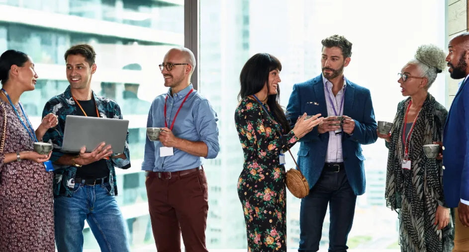 Professionals networking at a corporate event