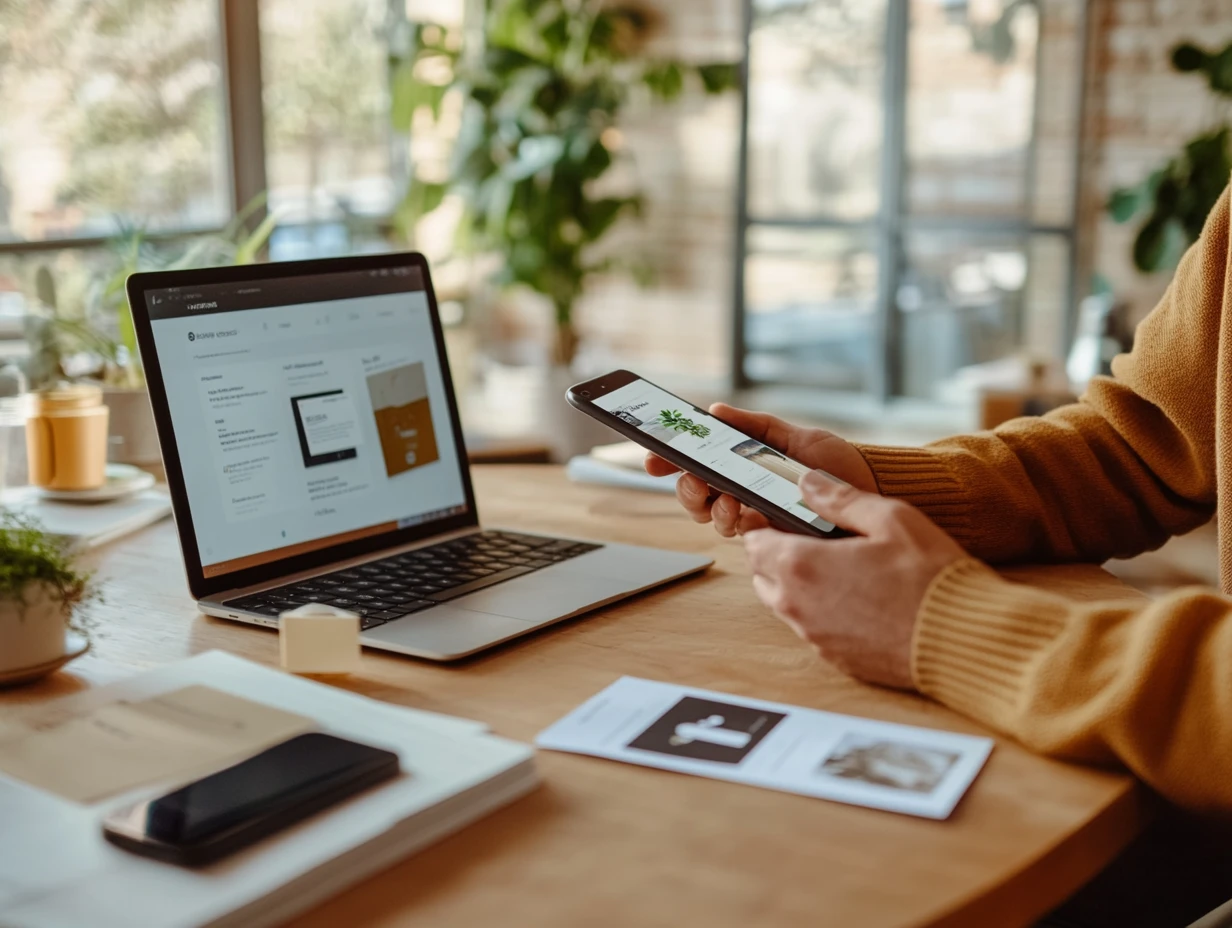 Person browsing on phone and laptop in bright workspace